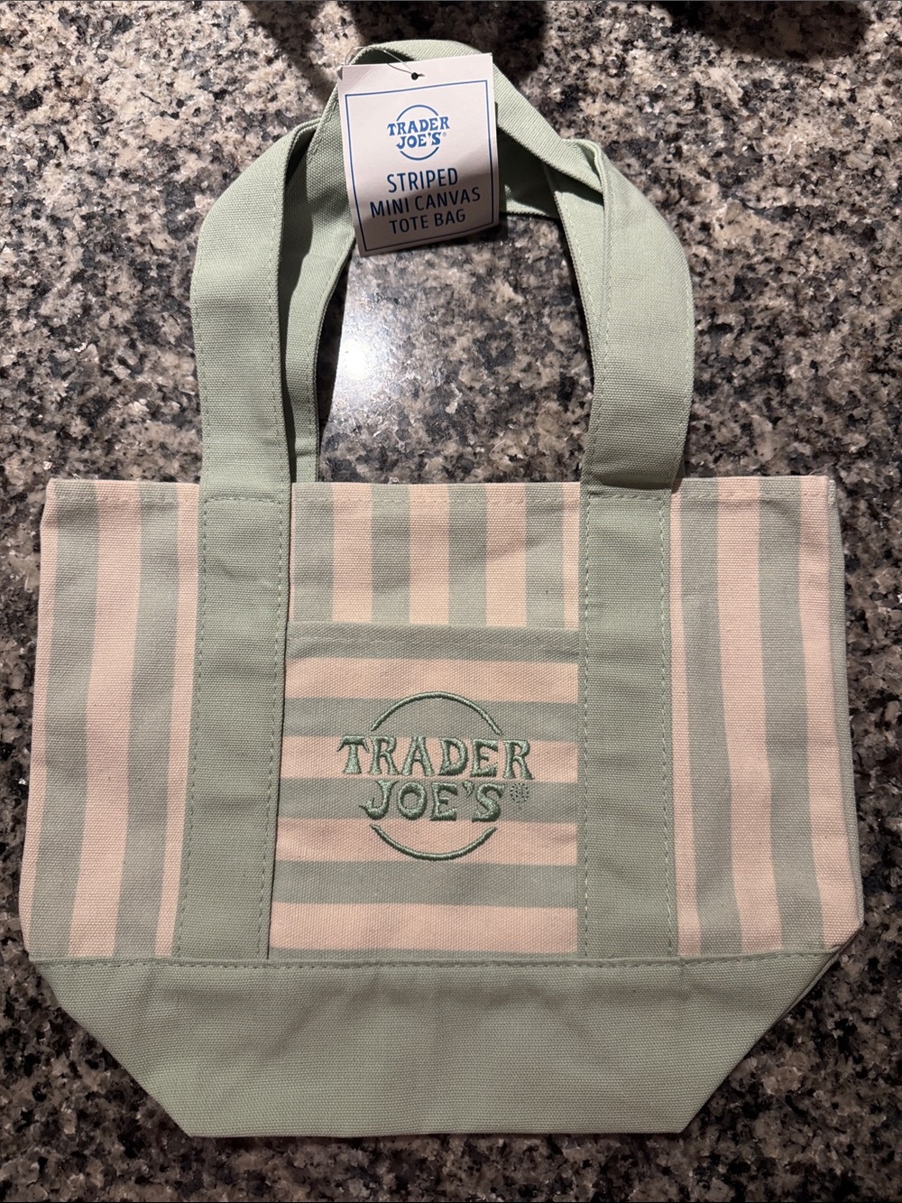 TRADER JOES  Striped Mini Canvas Tote Bag in Light Green and Cream